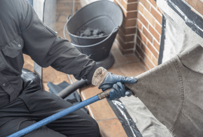 Technician cleaning a fireplace with chimney sweeping equipment