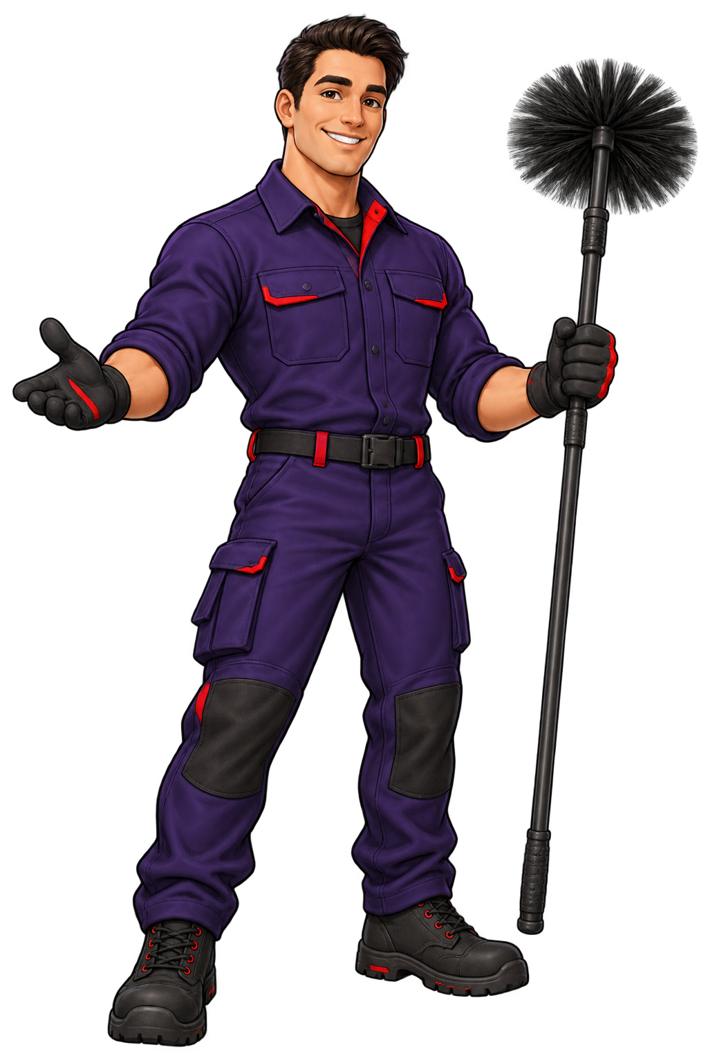 NVO illustrated chimney technician holding a sweeping brush
